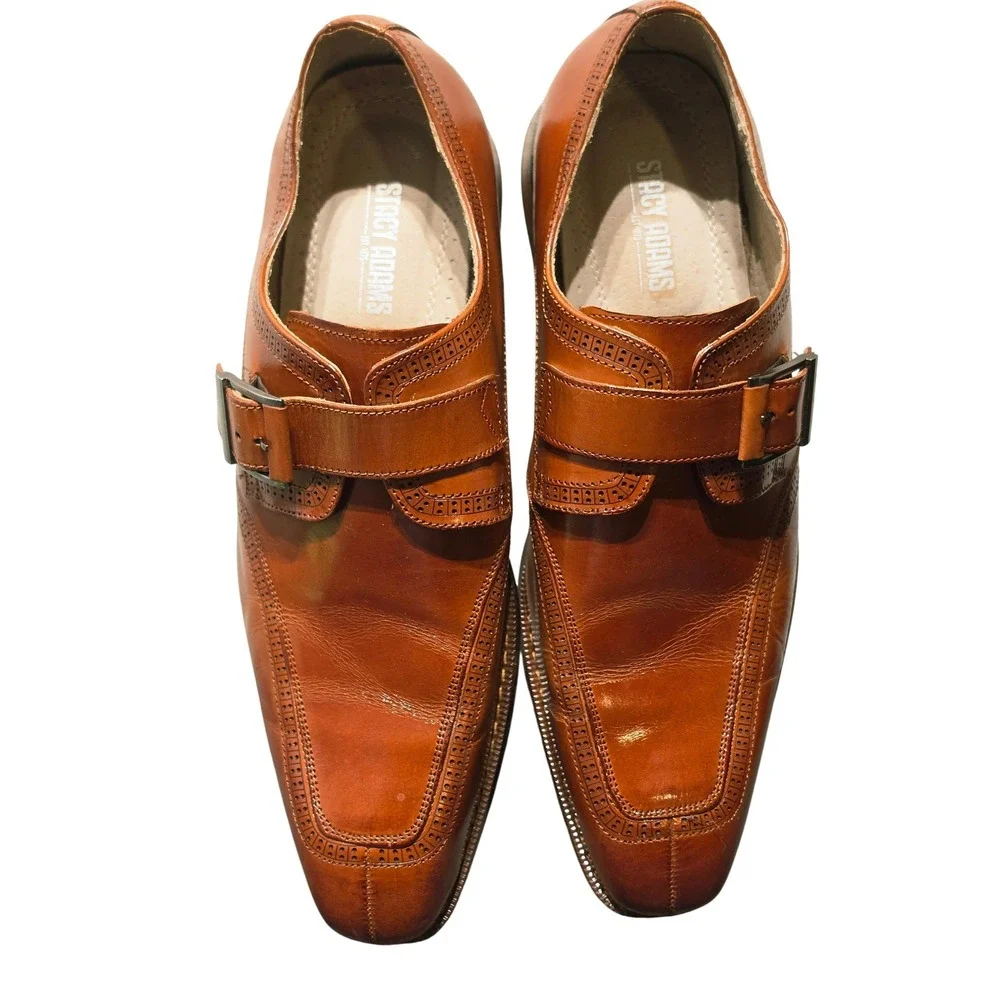 Stacy Adams Mens Cognac Leather Monk Strap Brogue Dress Shoes 25584-213‎ 9.5M